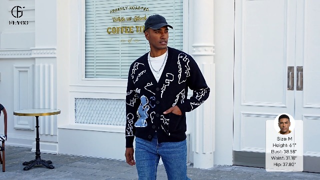 Flygo Mens Dinosaur Sweater Harajuku Cartoon Oversized Button Down